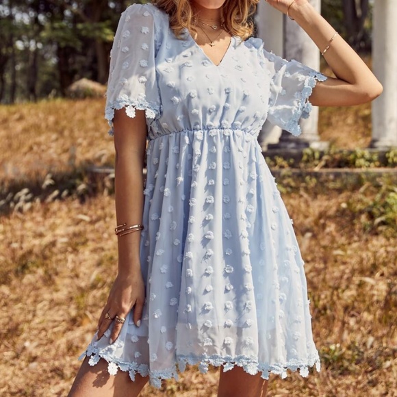 Boho lace Blue Swiss Dot V neck Sheer Sleeve Dress - Picture 5 of 5